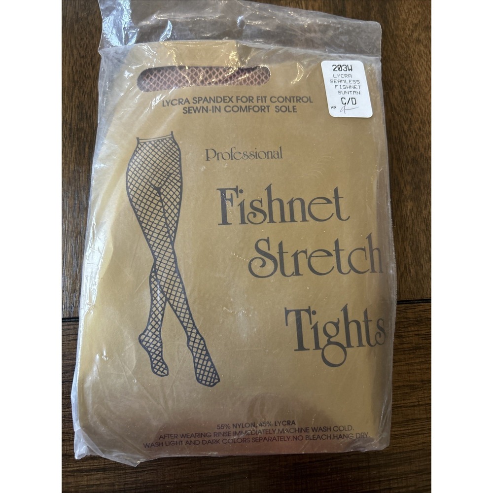 Vintage Professional  Fishnet Stretch Tights Tan Adult Size C/D